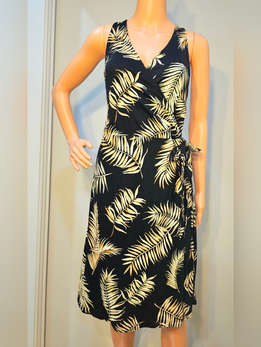H&M Black Tropical Leaf Faux-Wrap Dress